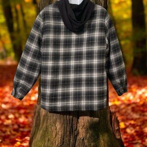 RQQBA Womens Plaid Front Zip Plaid Hood Jacket Size L Black White Front Pockets